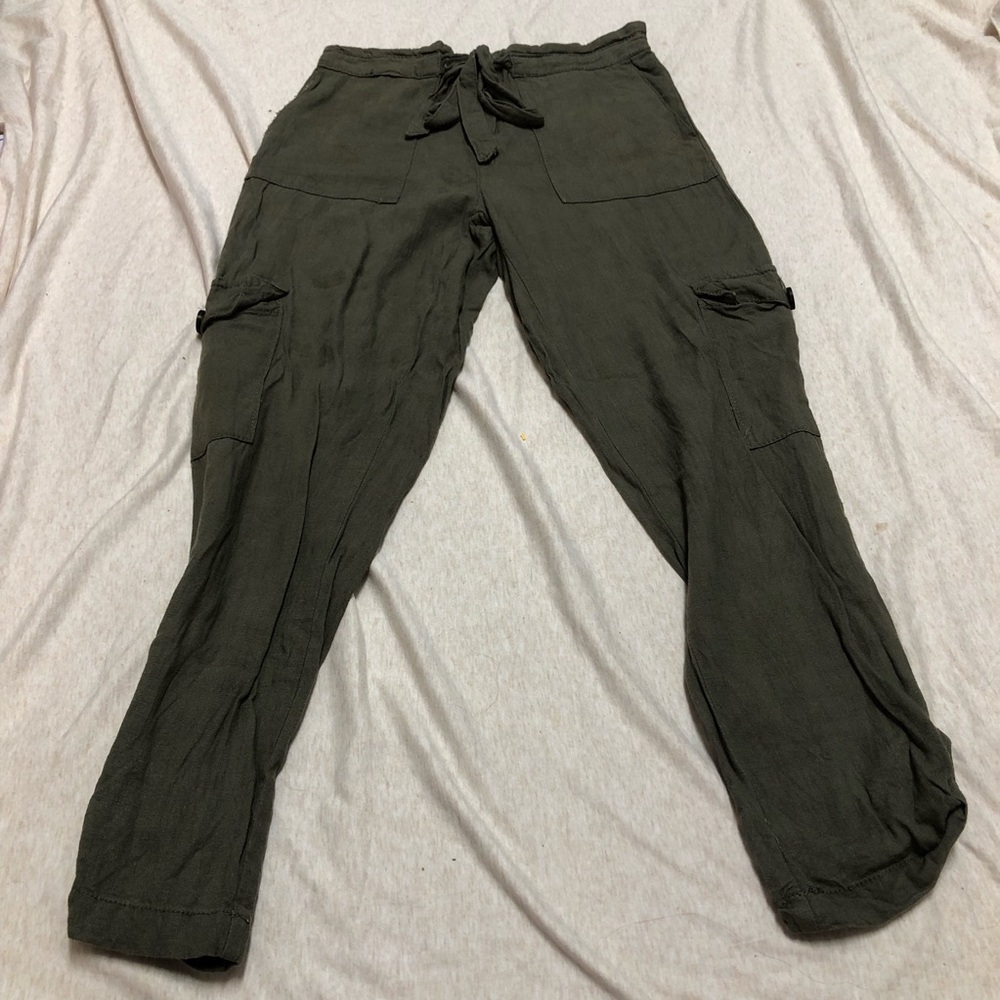 Francesca’s Linen Blend Cargo Crop Pants Boho Green Outdoor Hiking Granola